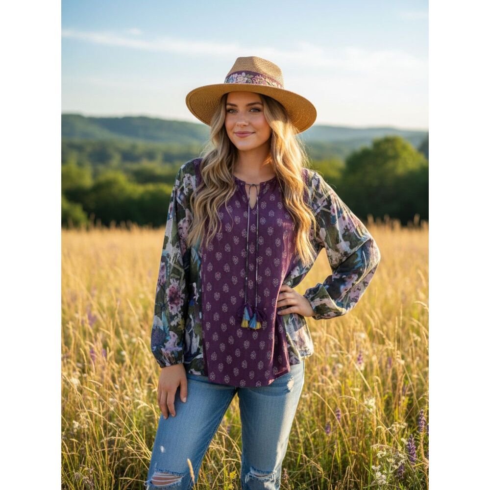 Tolani Boho Plum Floral V-neck Tie Front Tunic Top | NWT | Small